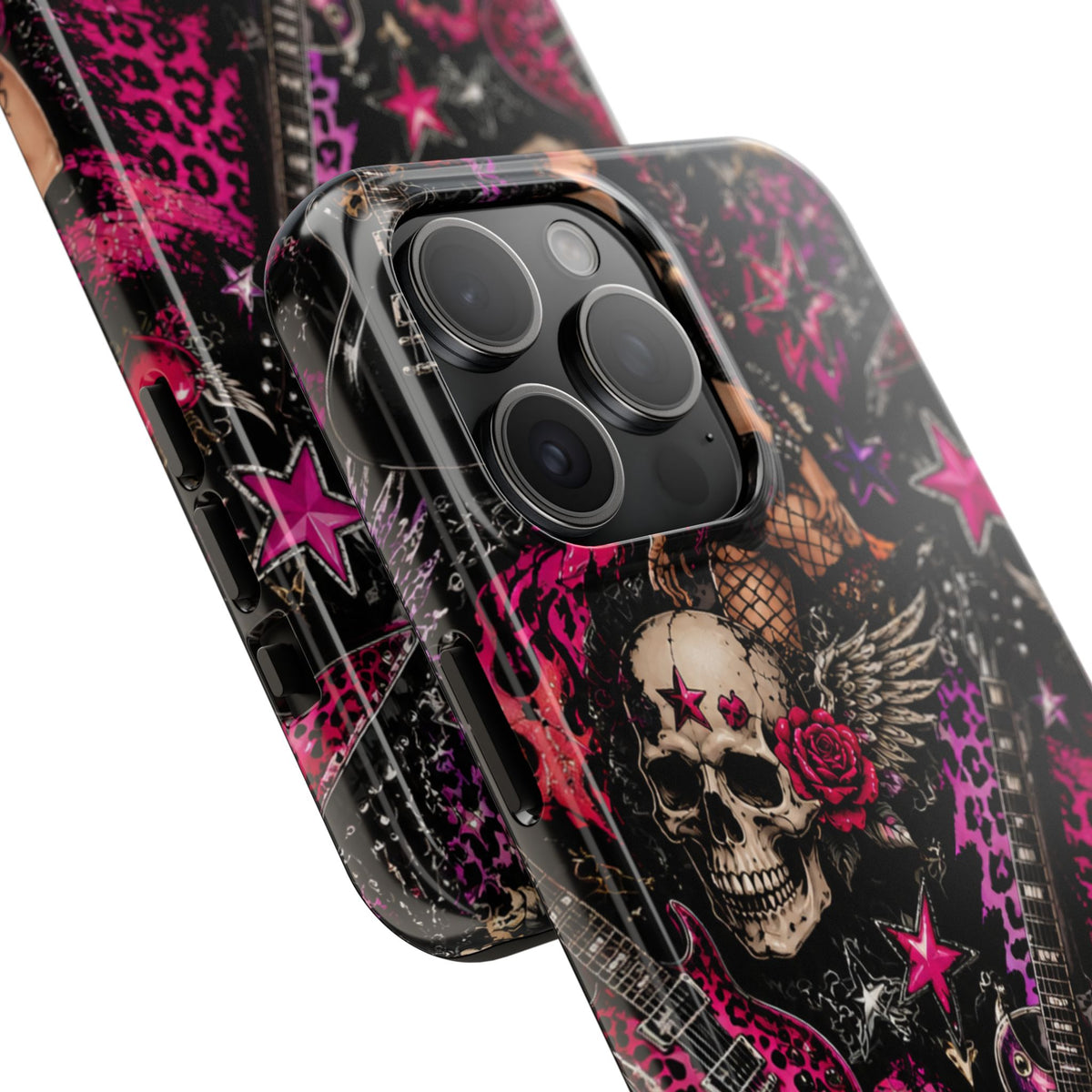 Rock Skull Guitar Phone Case — Edgy Pink Skull & Roses Tough Phone Case