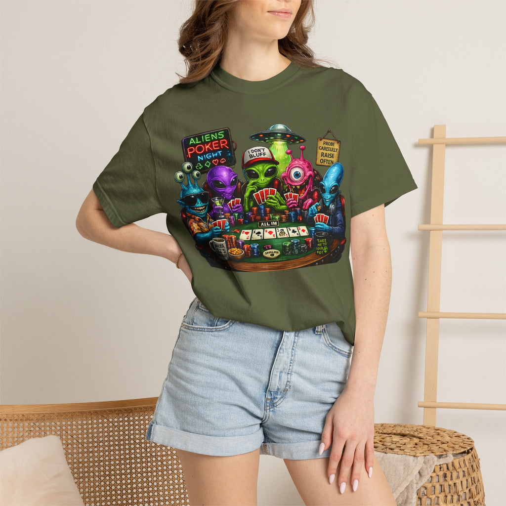 Aliens Poker Night T-shirt | Funny UFO Casino Card Game Design