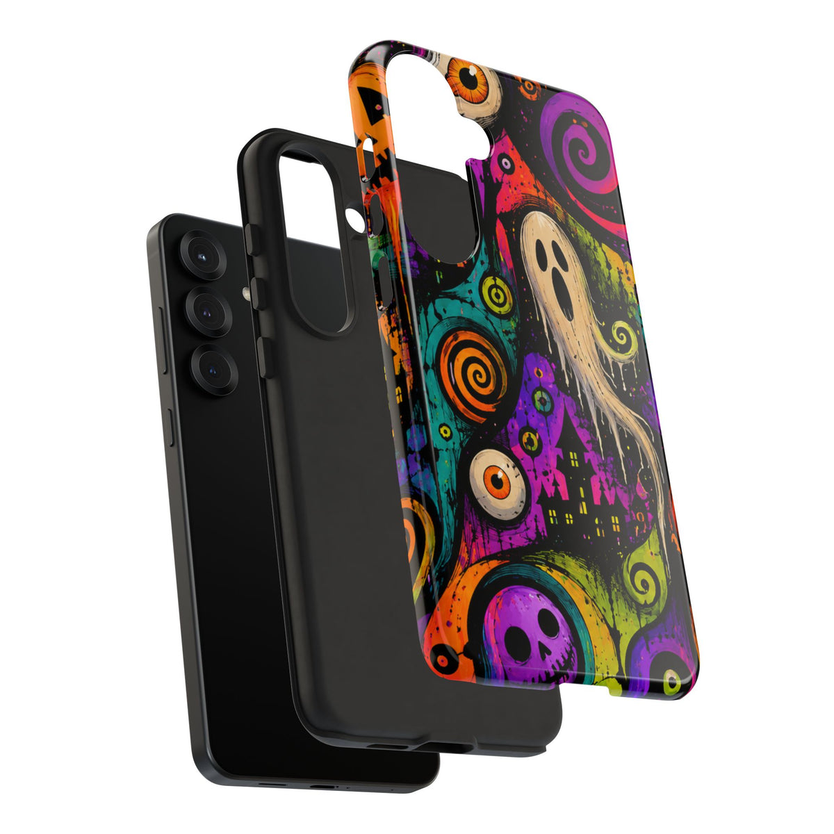 Halloween Ghost Phone Case — Colorful Spooky Skull & Haunted House Tough Case