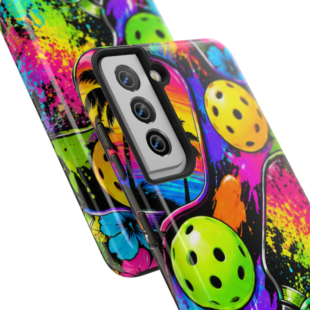 Pickleball Splash Tough Phone Case — Neon Paddle & Ball Protective Cover