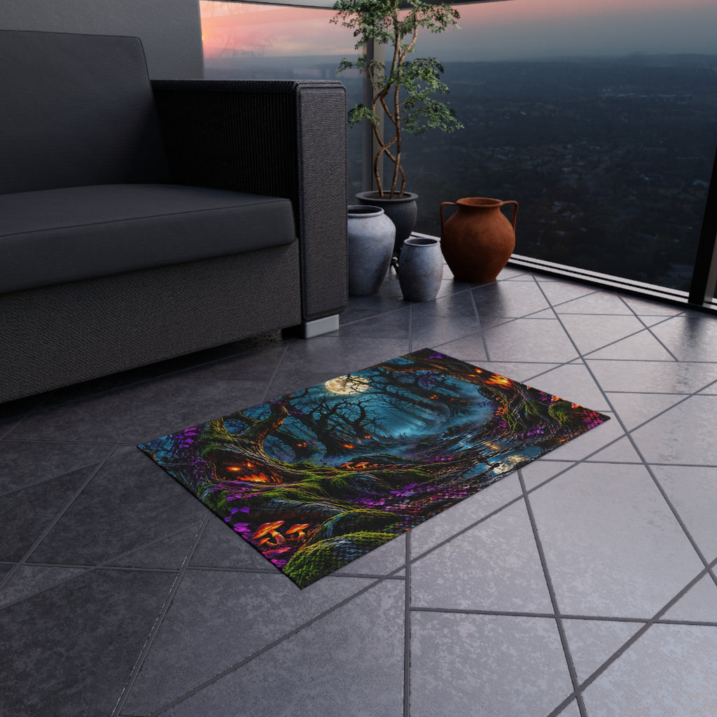 Spooky Moonlit Forest Outdoor Rug — Haunted Halloween Porch Mat