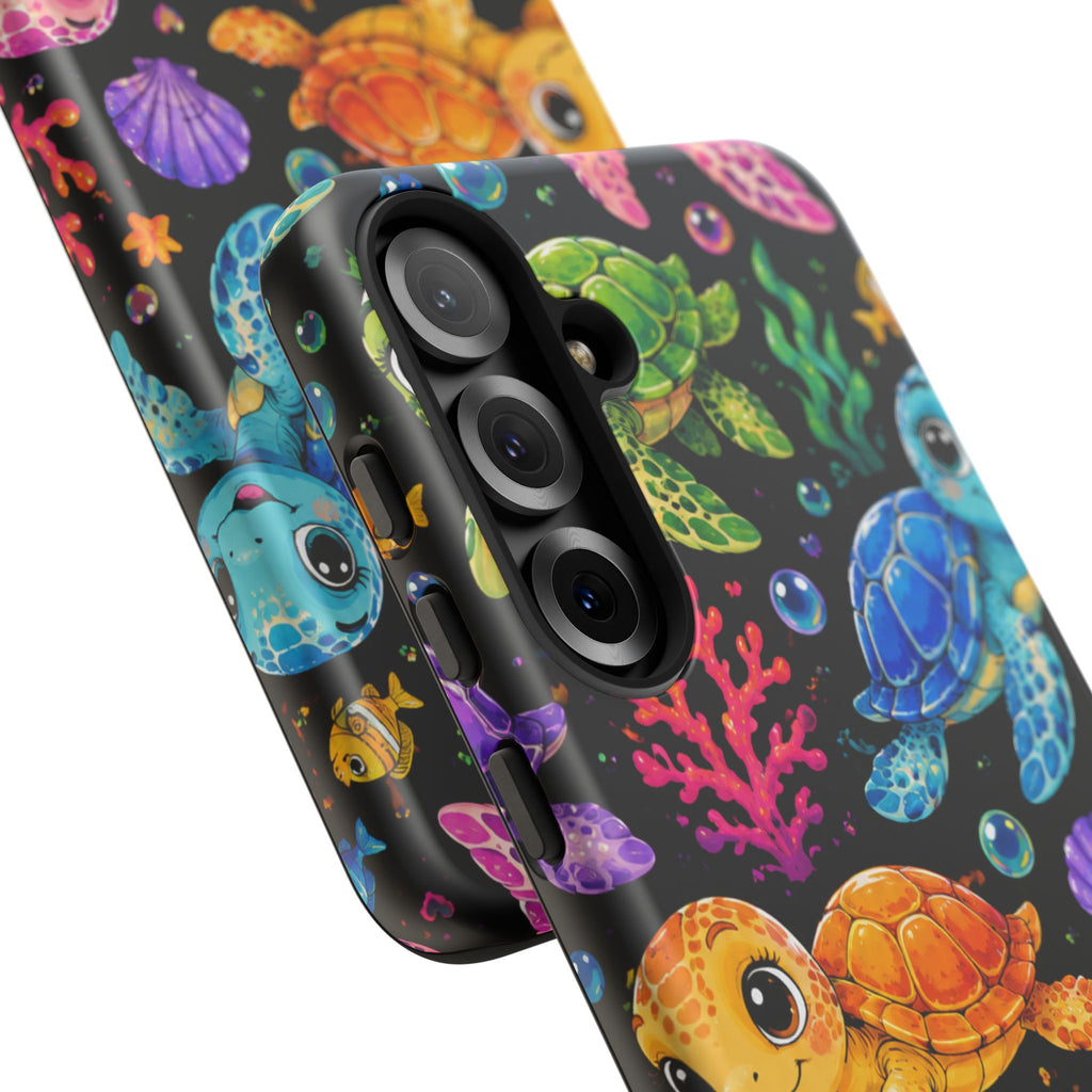 Phone Case — Colorful Cute Sea Turtles on Black (Protective Smartphone Cover)