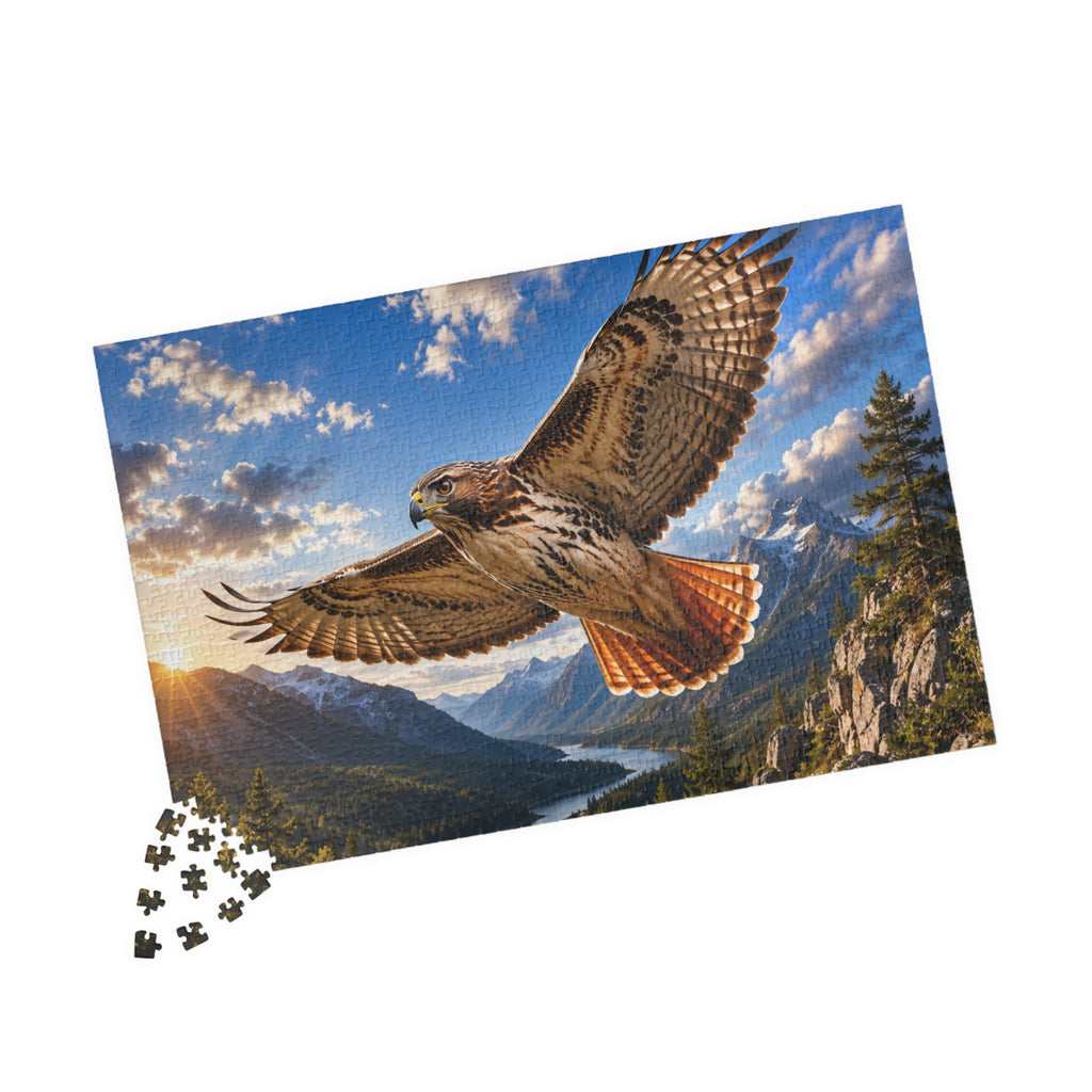 Red-Tailed Hawk Scenic Jigsaw Puzzle — Mountain Lake Nature Puzzle (110/252/520/1014 pcs)