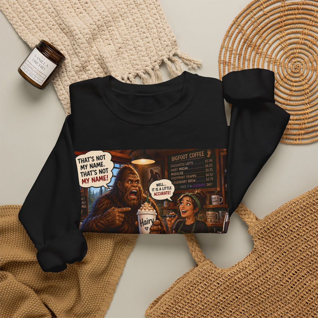 Crewneck Sweatshirt — Funny Coffee Shop Bigfoot Barista Illustration (“That’s Not My Name!”)