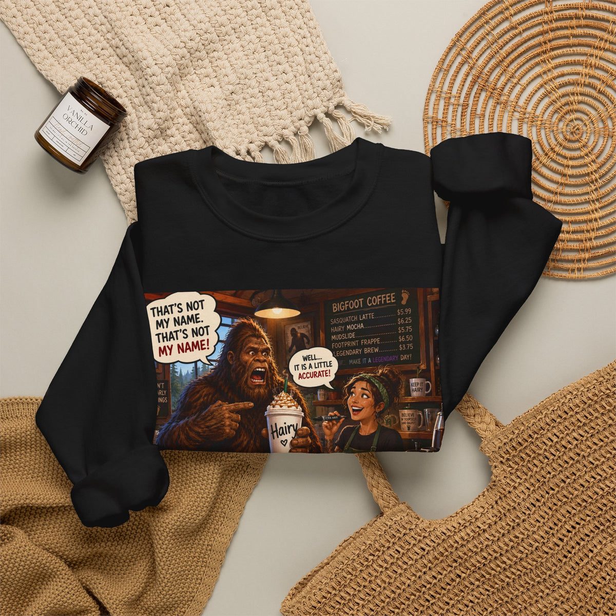 Crewneck Sweatshirt — Funny Coffee Shop Bigfoot Barista Illustration (“That’s Not My Name!”)
