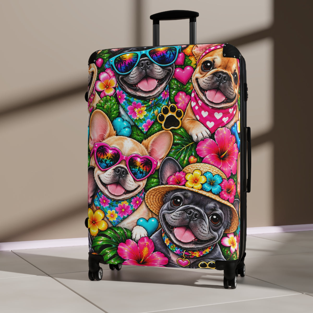 Colorful French Bulldog Suitcase – Cute Puppy Hearts & Sunglasses Carry-On