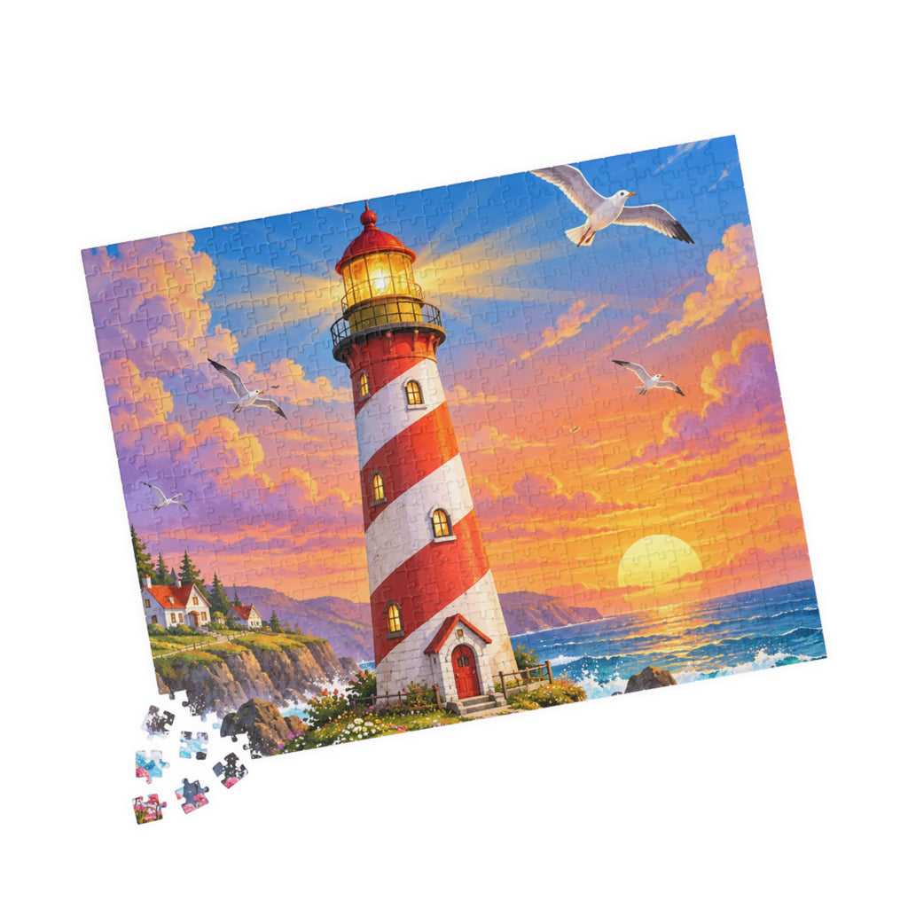 Lighthouse Sunset Seaside Puzzle 520-Piece | Scenic Ocean Jigsaw