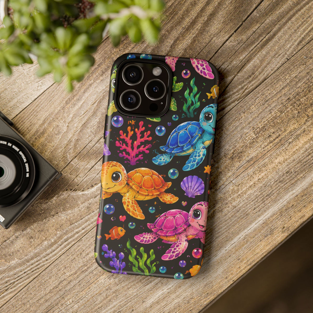 Phone Case — Colorful Cute Sea Turtles on Black (Protective Smartphone Cover)