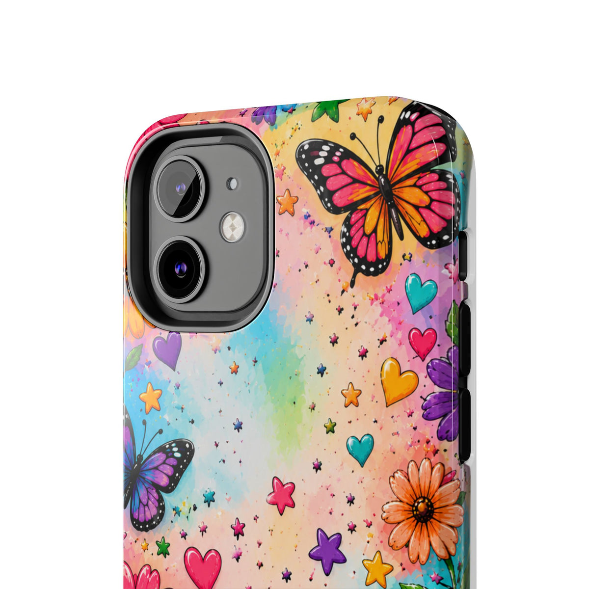 Colorful Butterflies and Flowers Tough Phone Case | Rainbow Hearts Stars