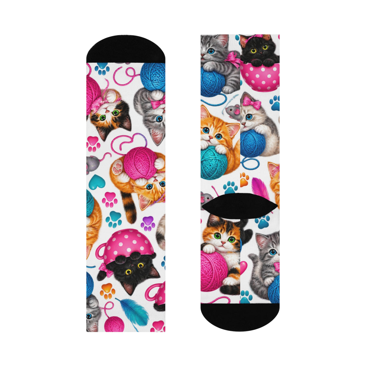 Kittens with Yarn Crew Socks | Cat Paw Pattern, Playful Cat Design