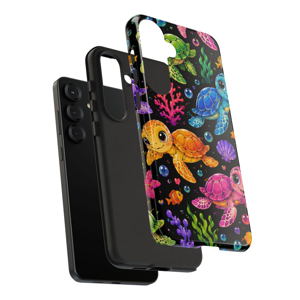 Phone Case — Colorful Cute Sea Turtles on Black (Protective Smartphone Cover)