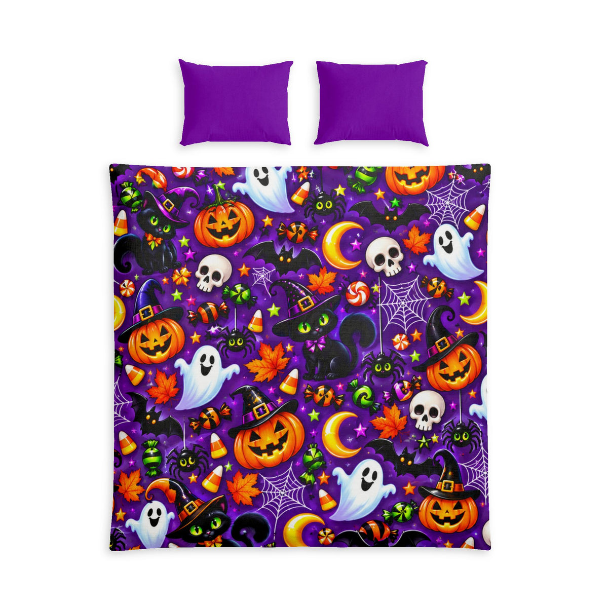Halloween Cotton Bed Set — Purple Pumpkin, Ghost & Skull Duvet Cover
