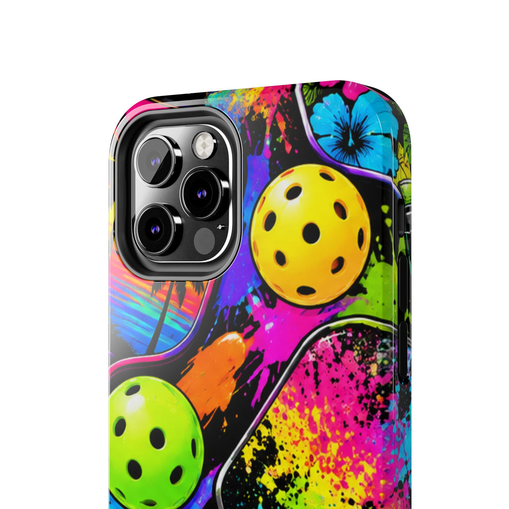 Pickleball Splash Tough Phone Case — Neon Paddle & Ball Protective Cover