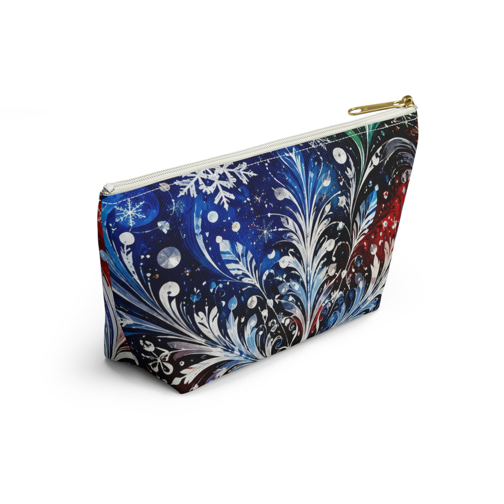 Winter Floral Accessory Pouch — Snowflake Cosmetic Bag with T-Bottom