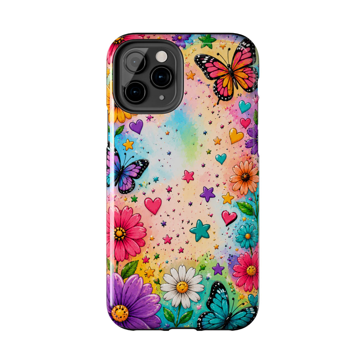 Colorful Butterflies and Flowers Tough Phone Case | Rainbow Hearts Stars
