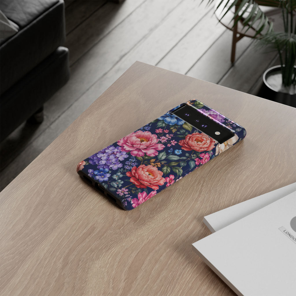 Floral Tough Phone Case – Vibrant Garden Flowers on Navy