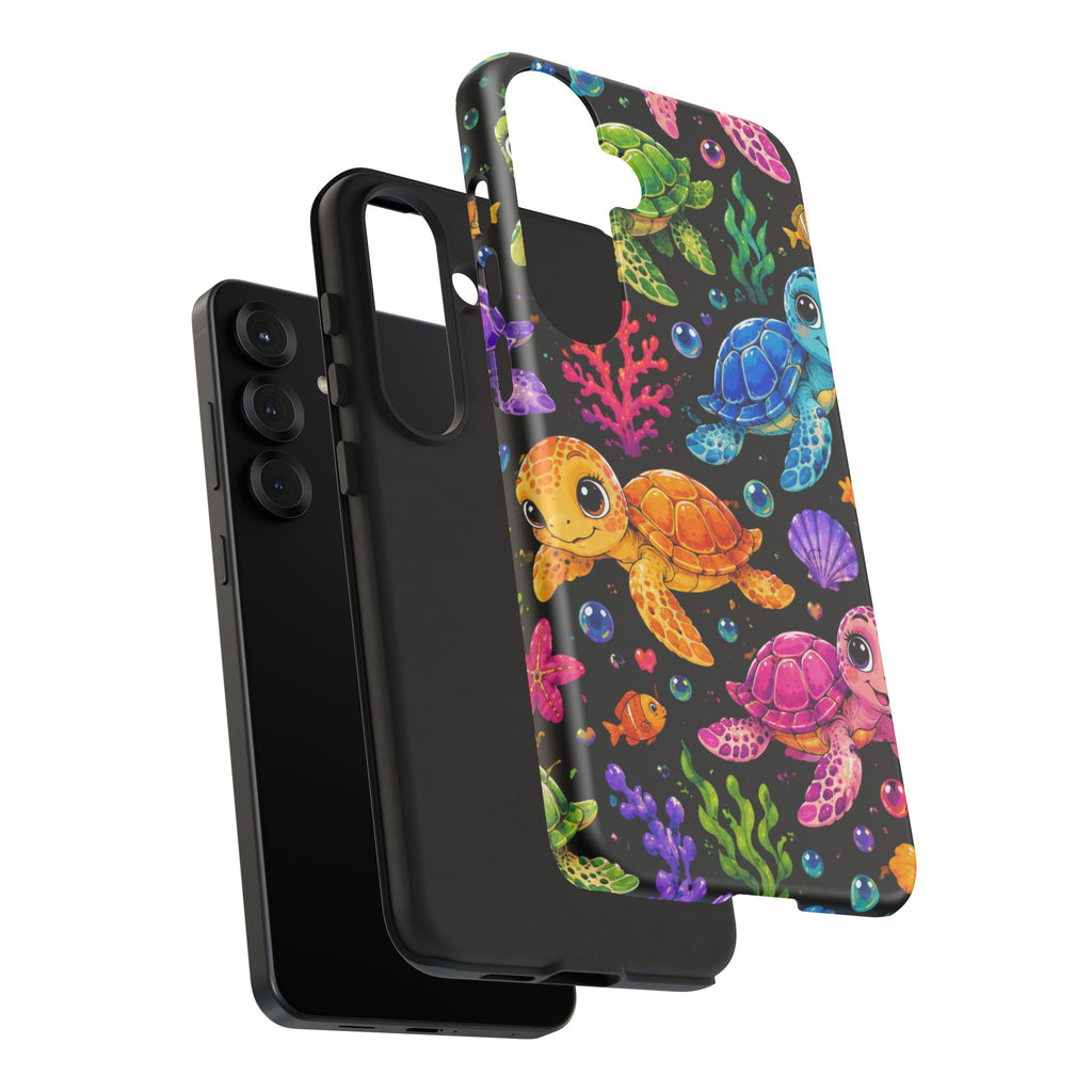 Phone Case — Colorful Cute Sea Turtles on Black (Protective Smartphone Cover)