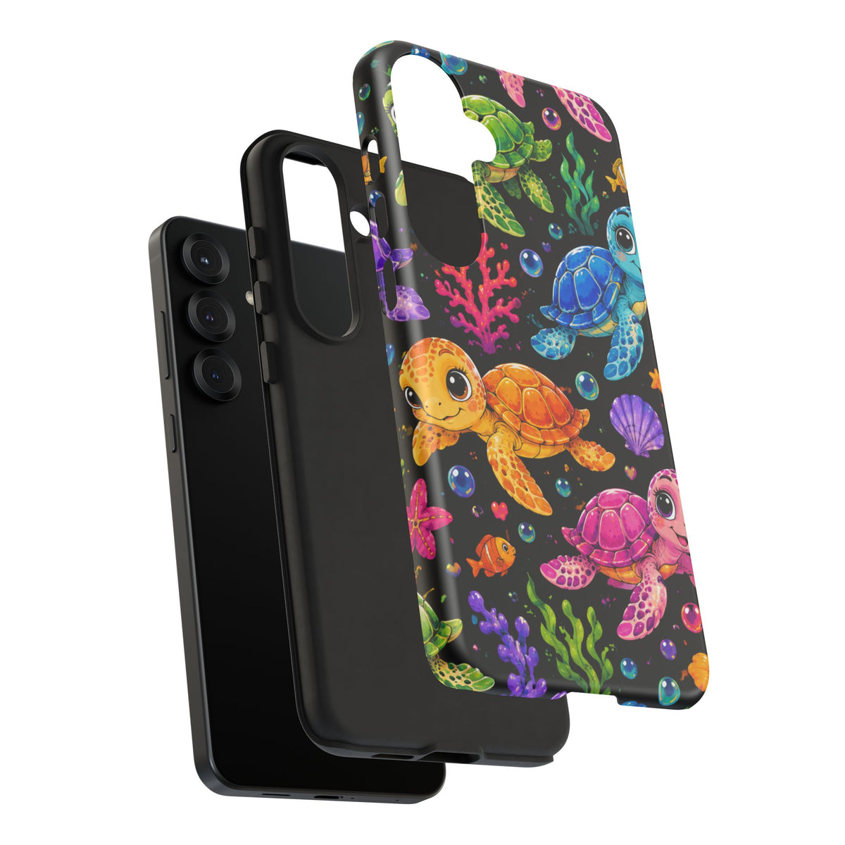 Phone Case — Colorful Cute Sea Turtles on Black (Protective Smartphone Cover)