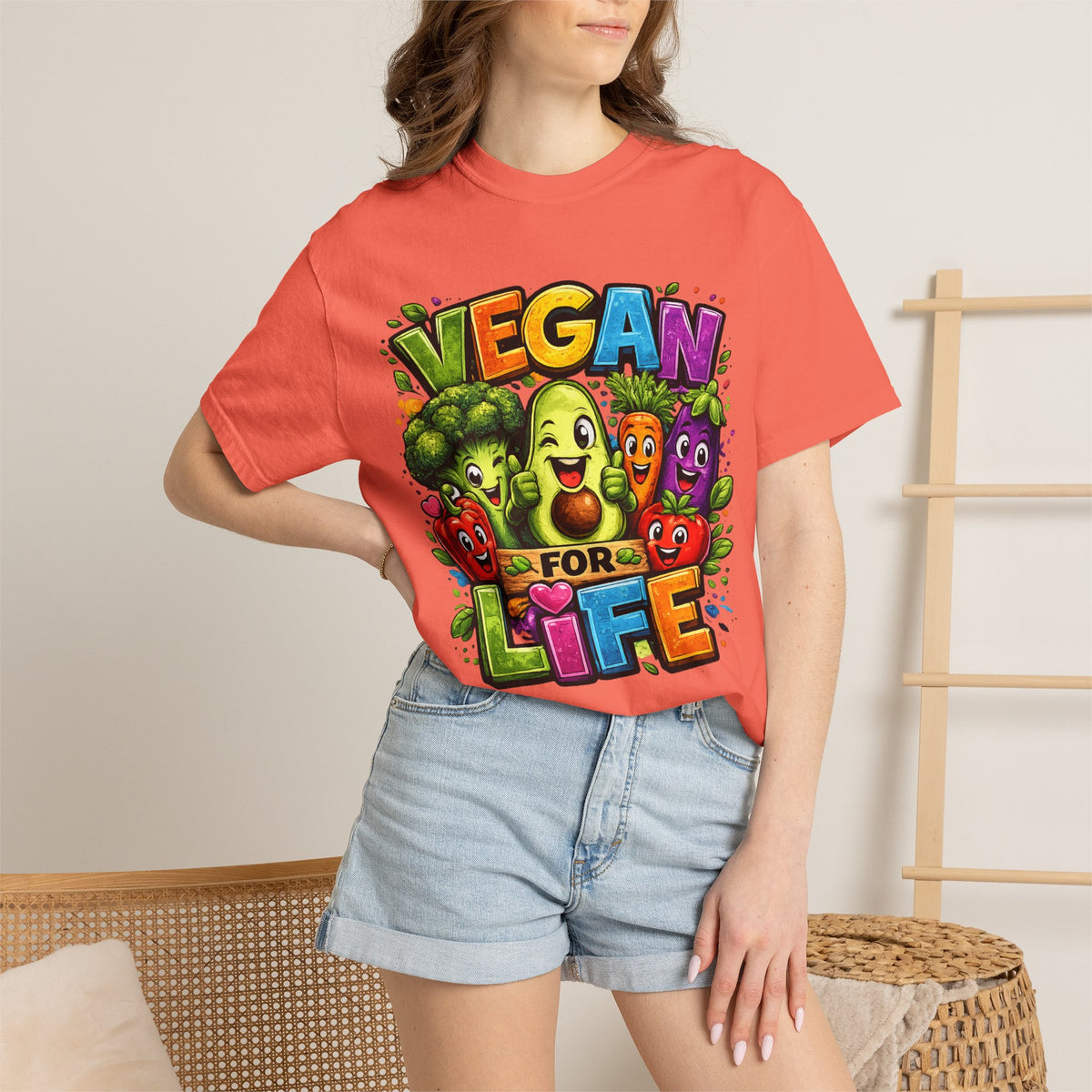 Vegan for Life T-Shirt | Colorful Cartoon Veggies Tee