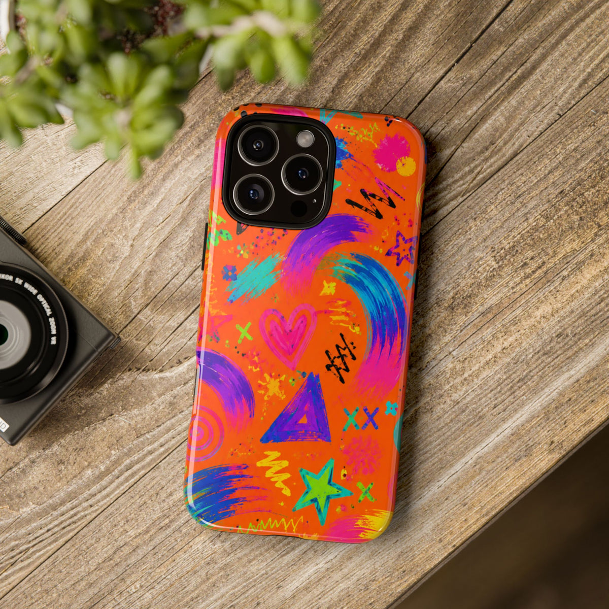 Colorful Neon Doodle Phone Case — Bright Abstract Stars & Hearts Tough Case