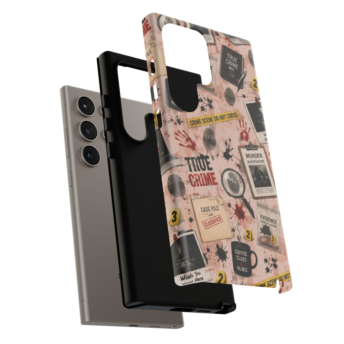 True Crime Pattern Phone Case – Detective Evidence, Crime Scene Tape & 'True Crime' Design