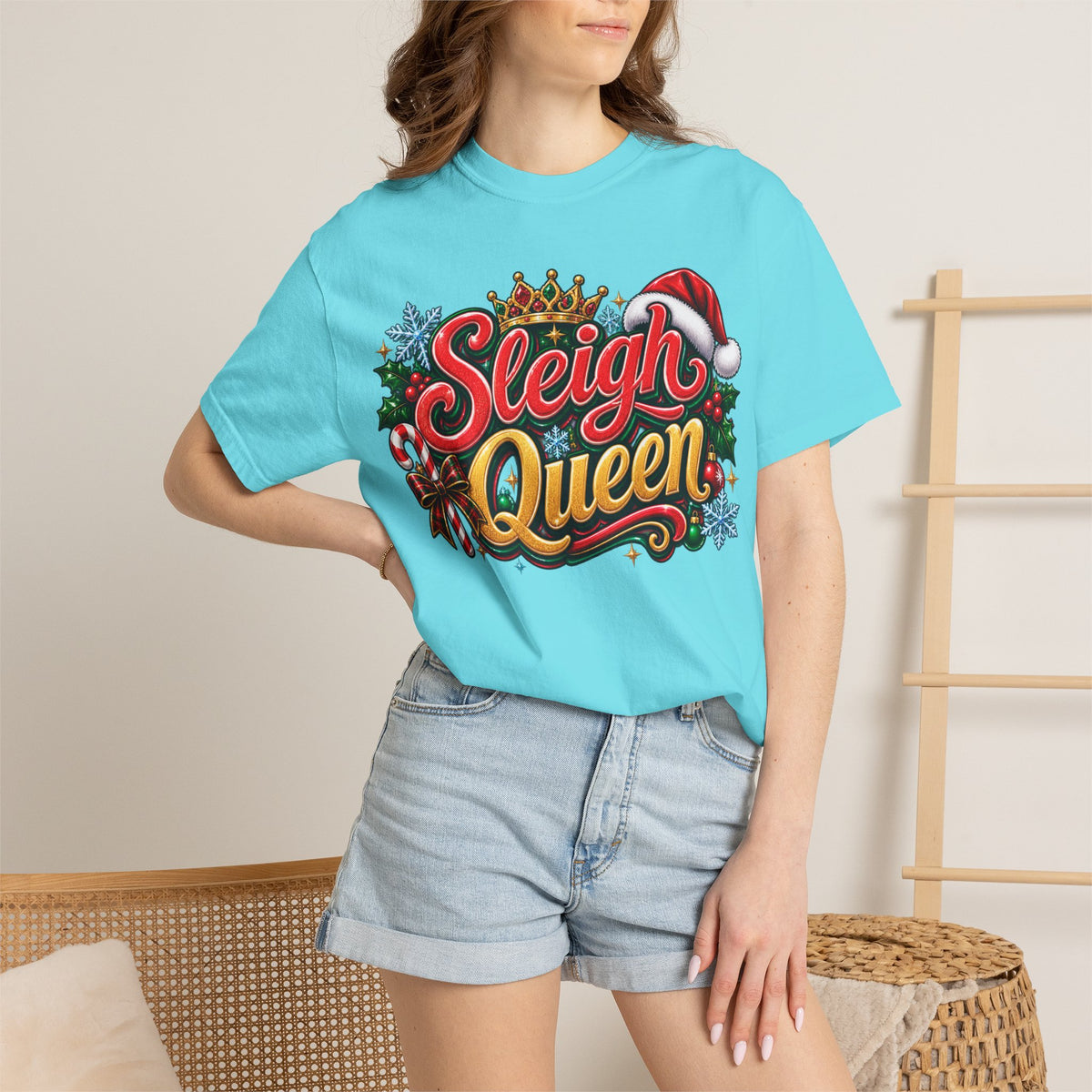 Sleigh Queen T-Shirt — Festive Christmas Holiday Tee with Santa Hat & Candy Cane Design