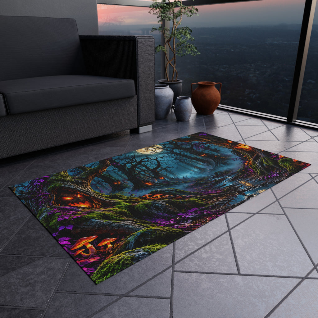 Spooky Moonlit Forest Outdoor Rug — Haunted Halloween Porch Mat