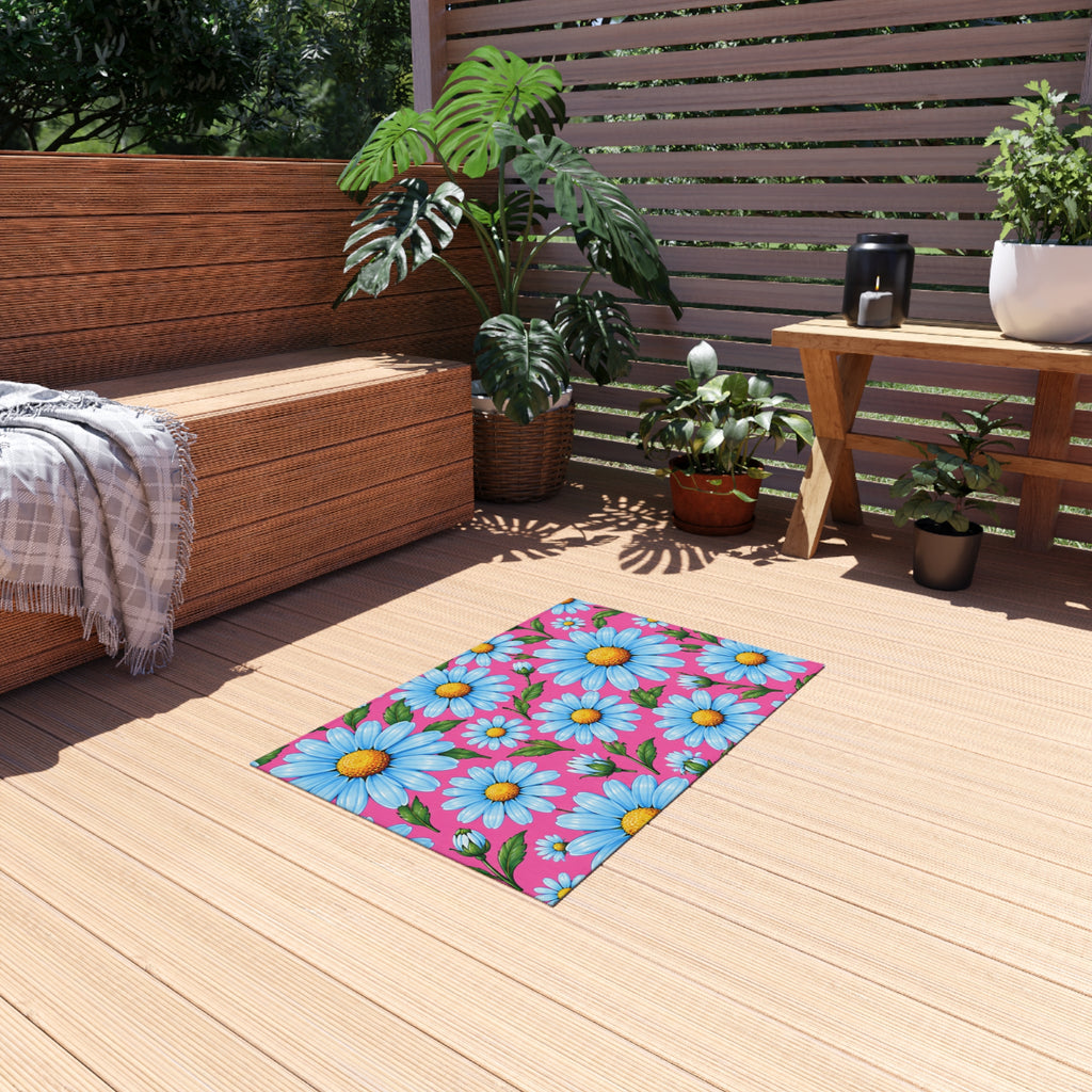 Daisy Bloom Outdoor Rug — Bright Blue Daisies on Pink Patio Mat