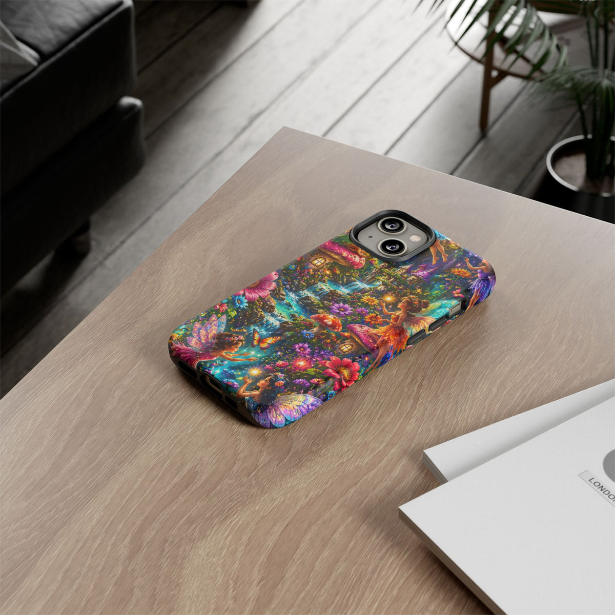 Fairy Garden Tough Phone Case — Whimsical Cottage, Waterfall & Mushroom Artwork