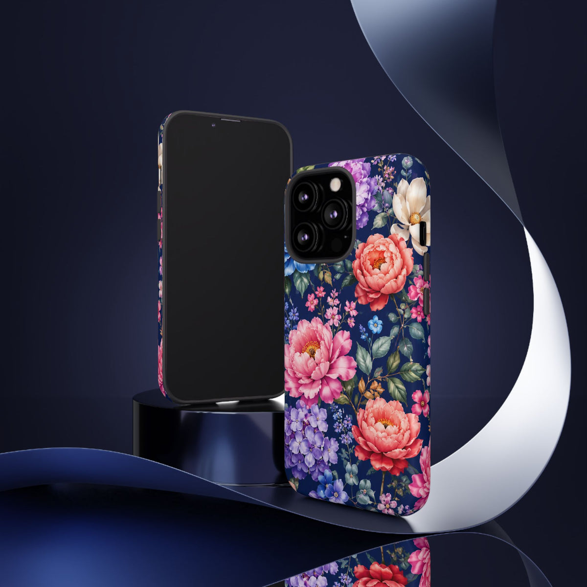 Floral Tough Phone Case – Vibrant Garden Flowers on Navy