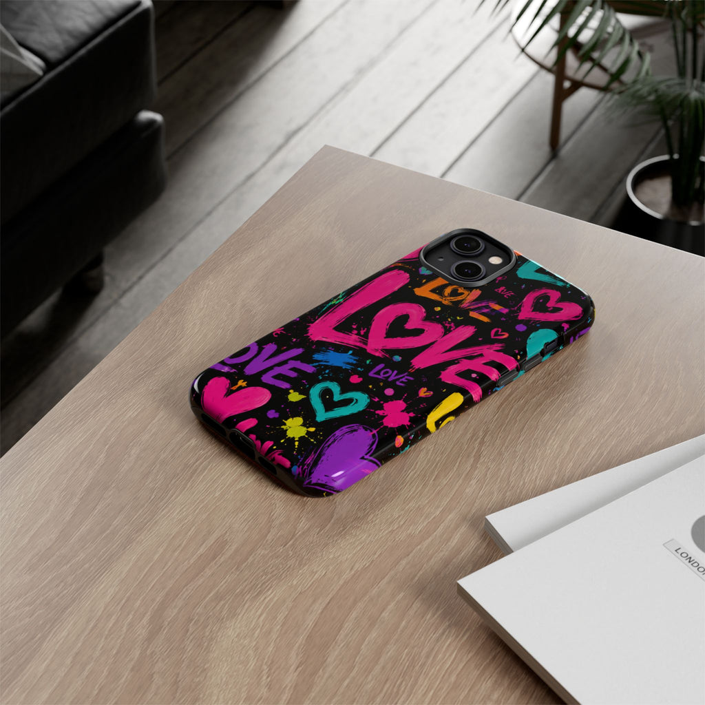 Phone Case — Neon Graffiti "Love" Hearts Protective Tough Case