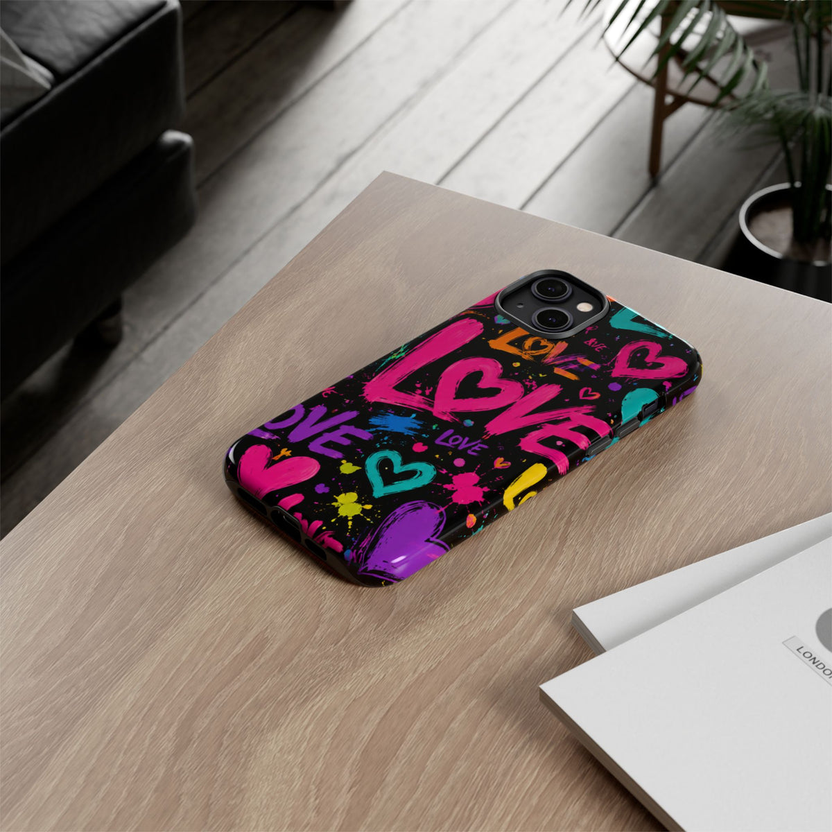 Phone Case — Neon Graffiti "Love" Hearts Protective Tough Case