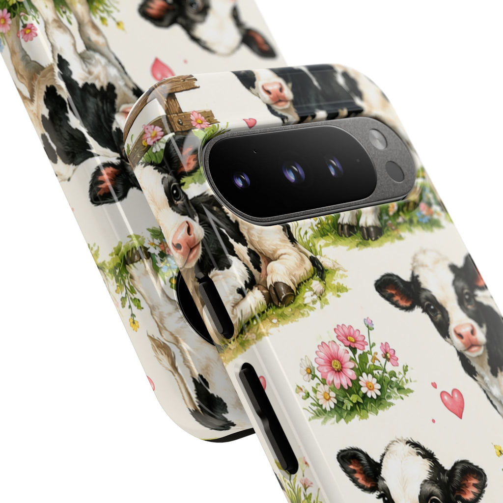 Cute Calf Pattern Phone Case – Pastel Cow Hearts & Flowers Protective Cover