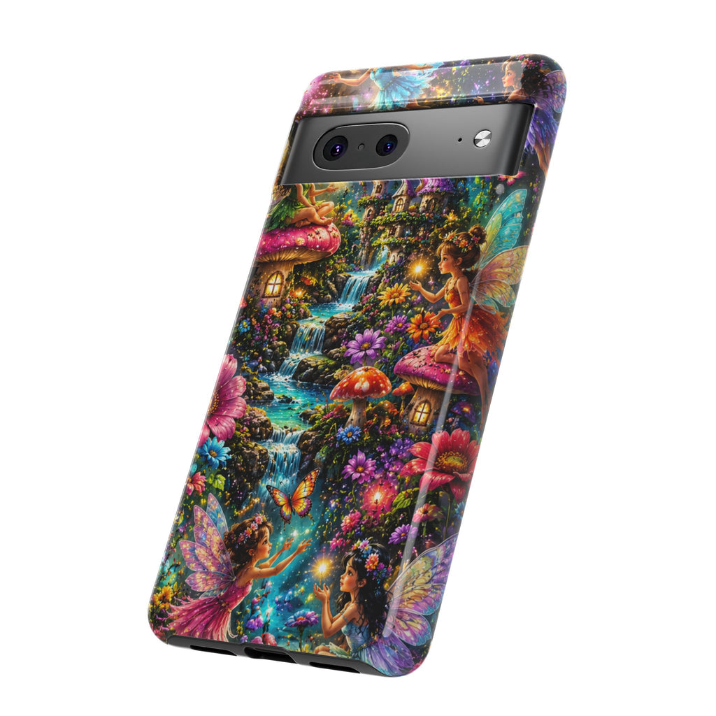 Fairy Garden Tough Phone Case — Whimsical Cottage, Waterfall & Mushroom Artwork