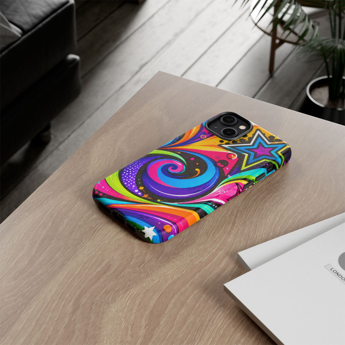 Psychedelic Swirl Phone Case — Bold Retro Stars & Neon Pop Art Tough Case