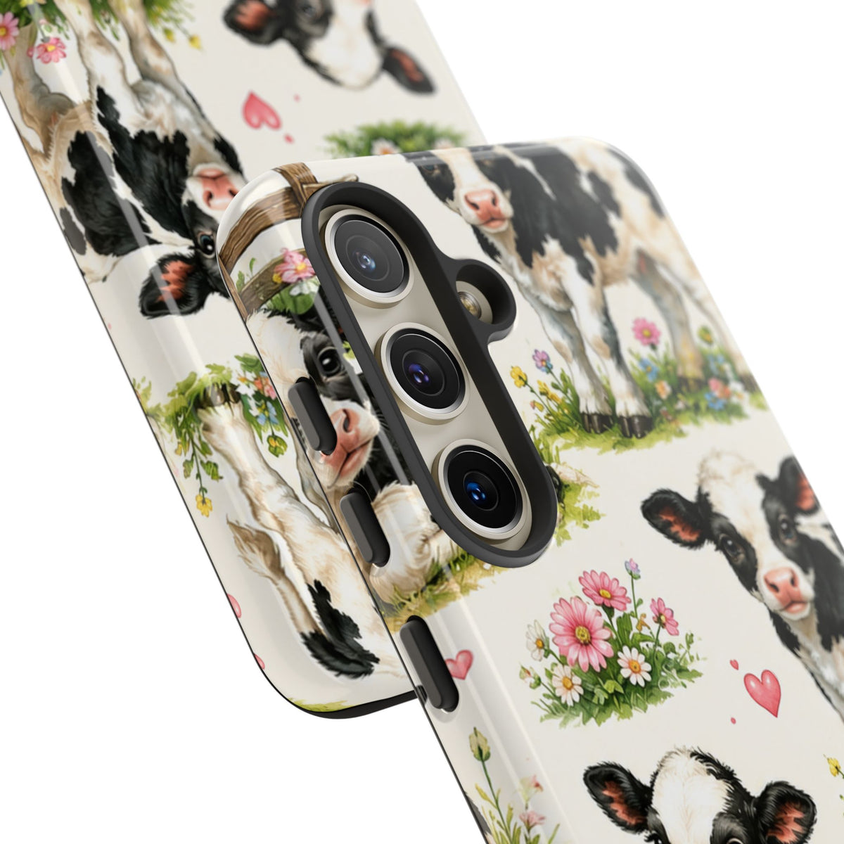 Cute Calf Pattern Phone Case – Pastel Cow Hearts & Flowers Protective Cover