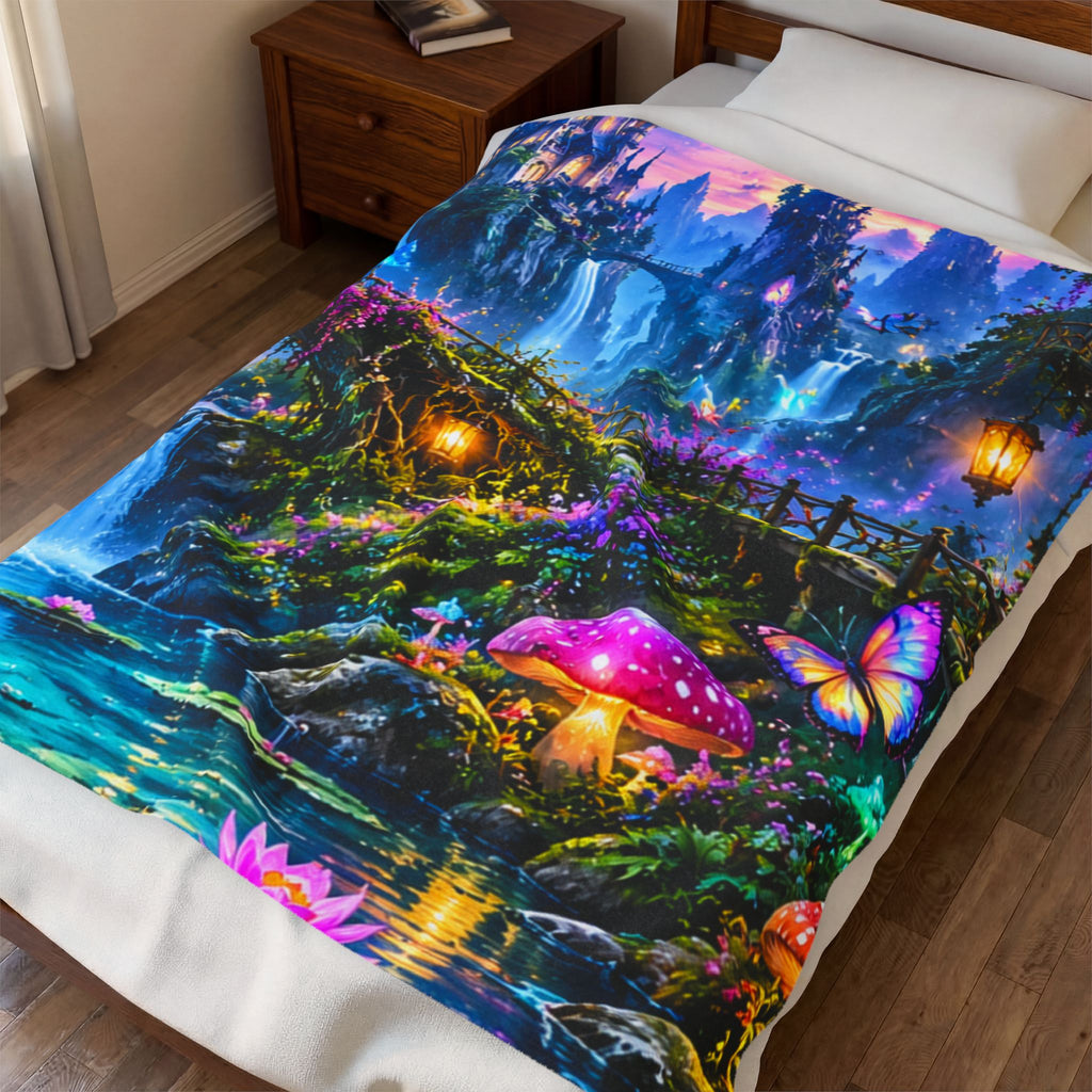 Fantasy Velveteen Plush Blanket — Enchanted Waterfall & Castle Scene