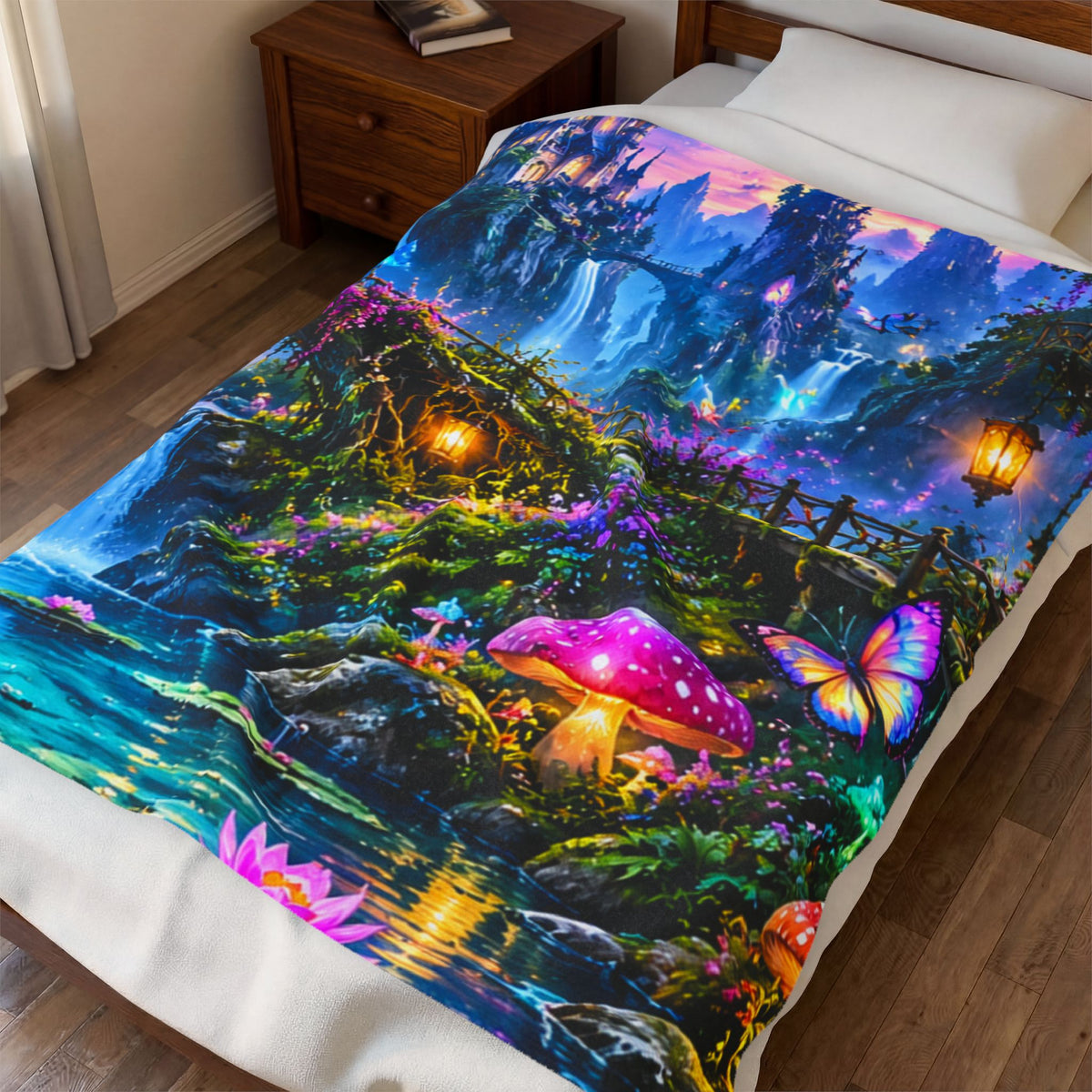 Fantasy Velveteen Plush Blanket — Enchanted Waterfall & Castle Scene