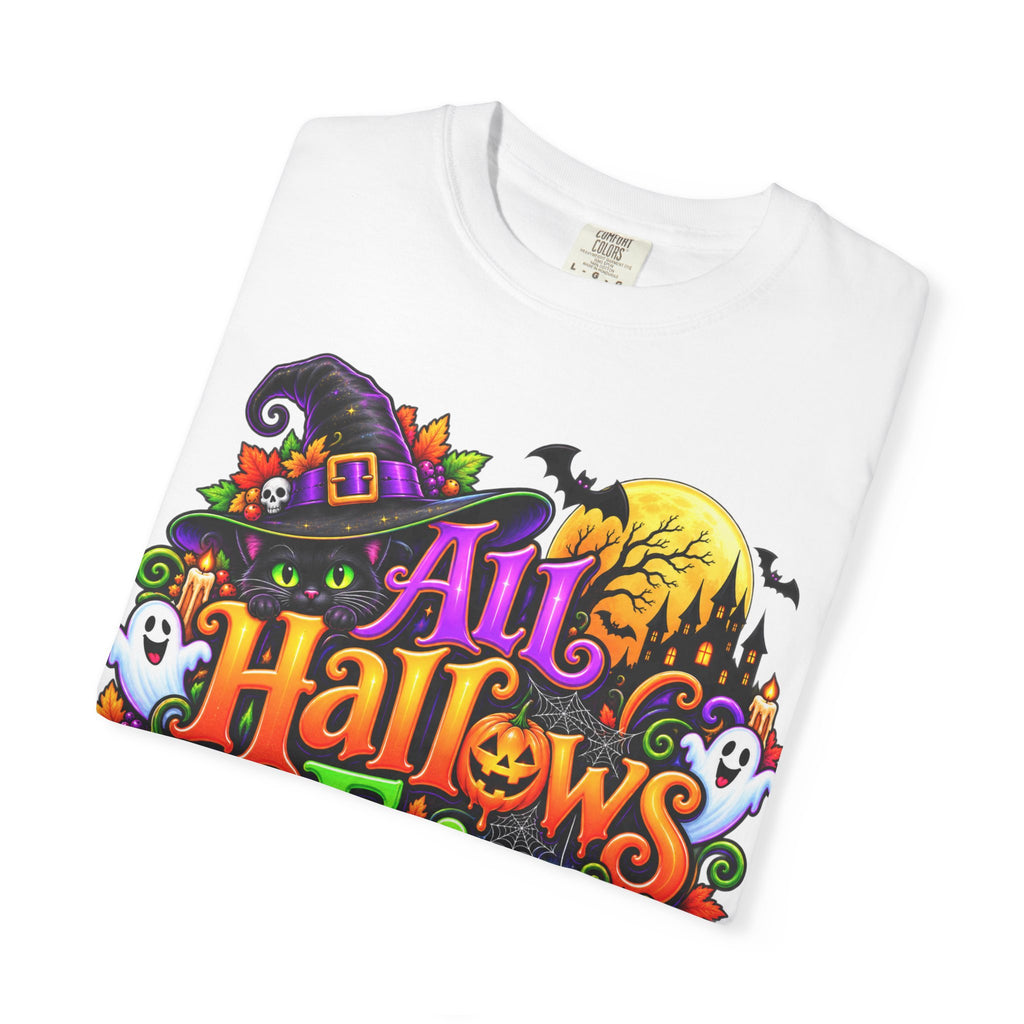 All Hallows Eve Halloween T-Shirt — Colorful Witch, Pumpkins & Ghosts Design