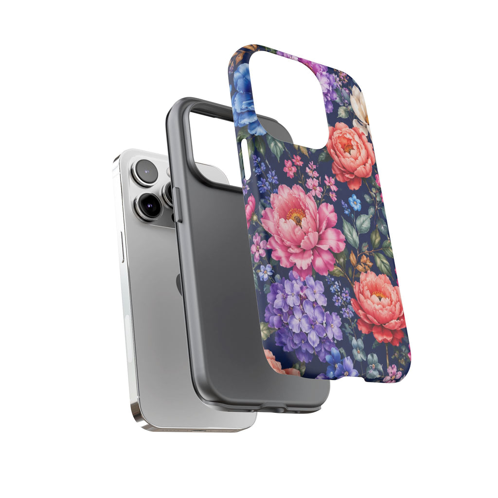 Floral Tough Phone Case – Vibrant Garden Flowers on Navy