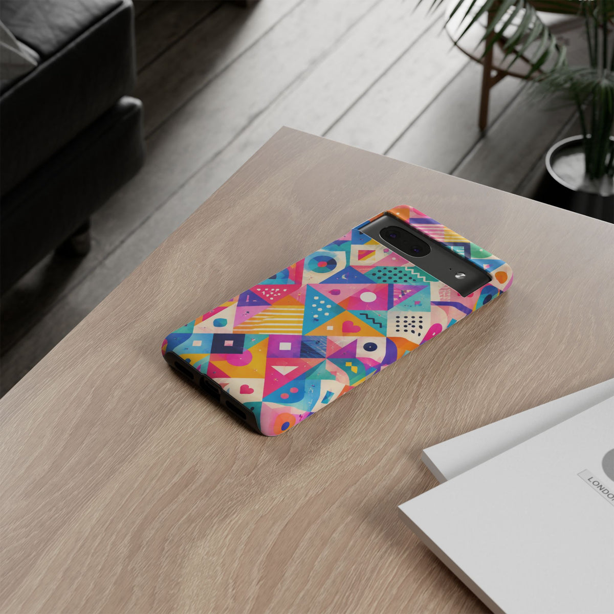 Colorful Geometric Tough Phone Case — Bright Abstract Heart & Triangle Pattern