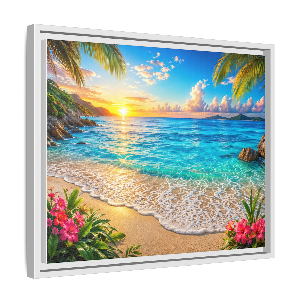 Framed Beach Sunset Matte Canvas Wall Art — Tropical Ocean Sunrise Decor