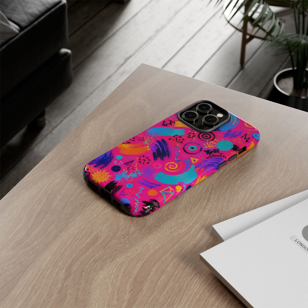 Neon Retro Abstract Tough Phone Case — 80s Brushstroke Pattern