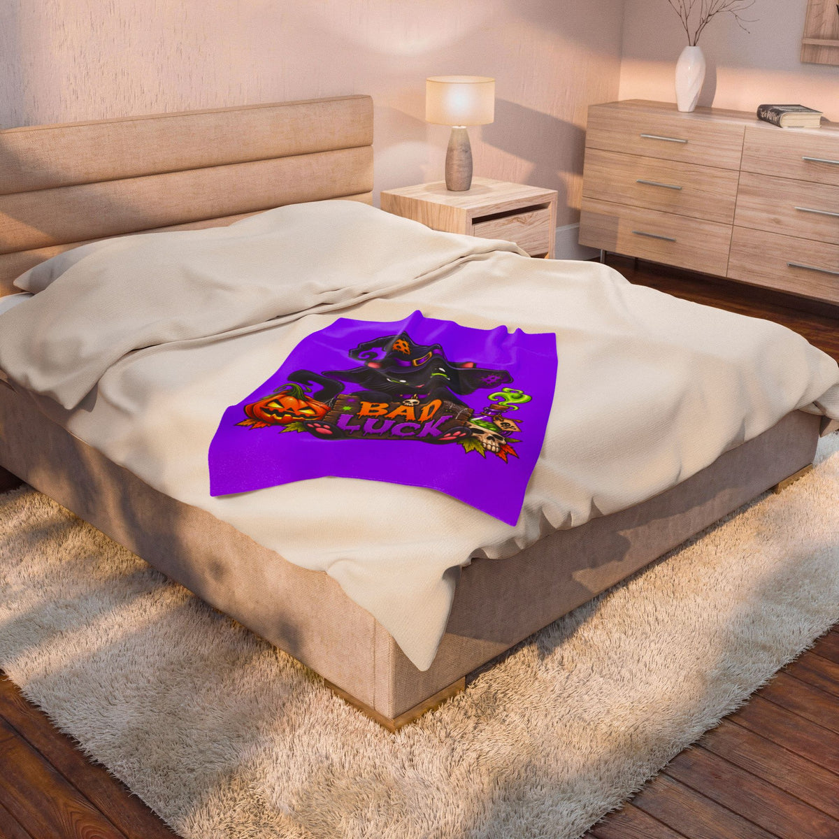 Halloween 'Bad Luck' Black Cat Plush Blanket - Soft Velveteen Throw