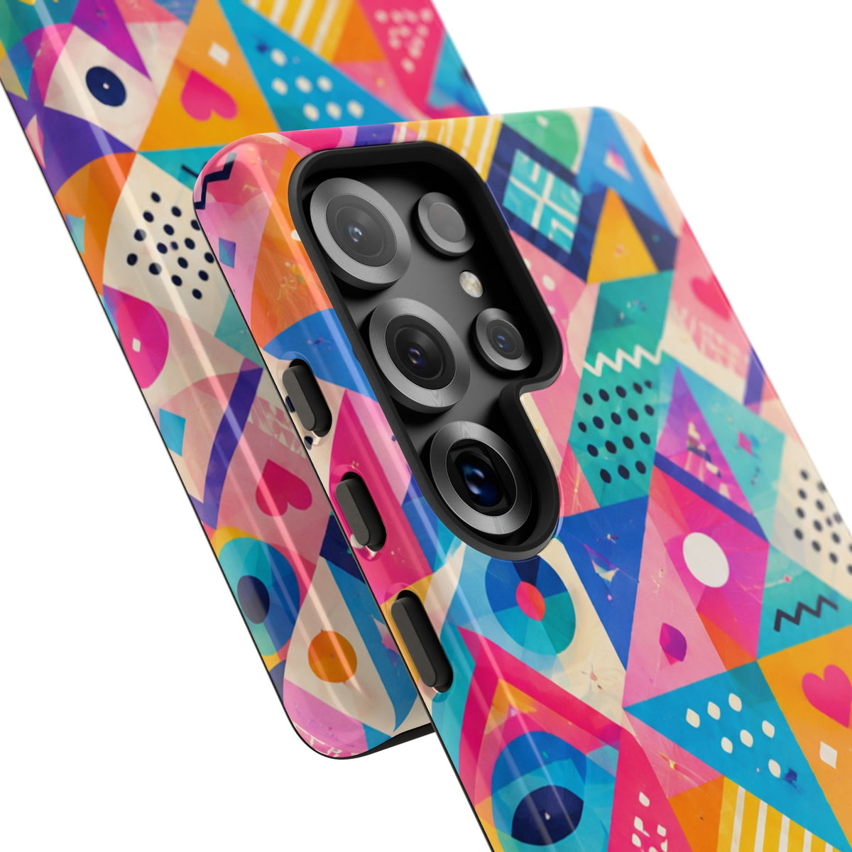 Colorful Geometric Tough Phone Case — Bright Abstract Heart & Triangle Pattern