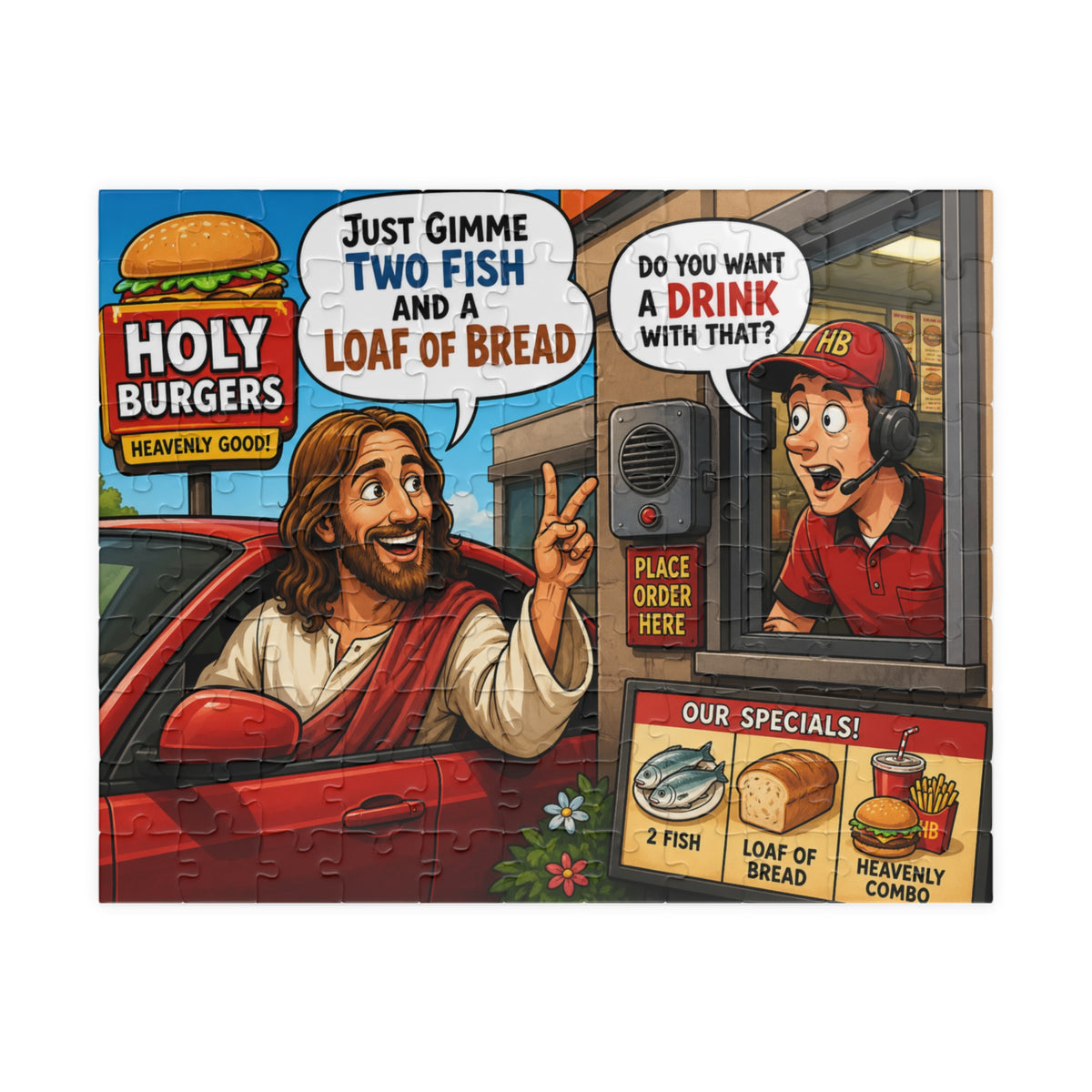 Jesus Drive-Thru Puzzle 520 Piece | Holy Burgers Illustration