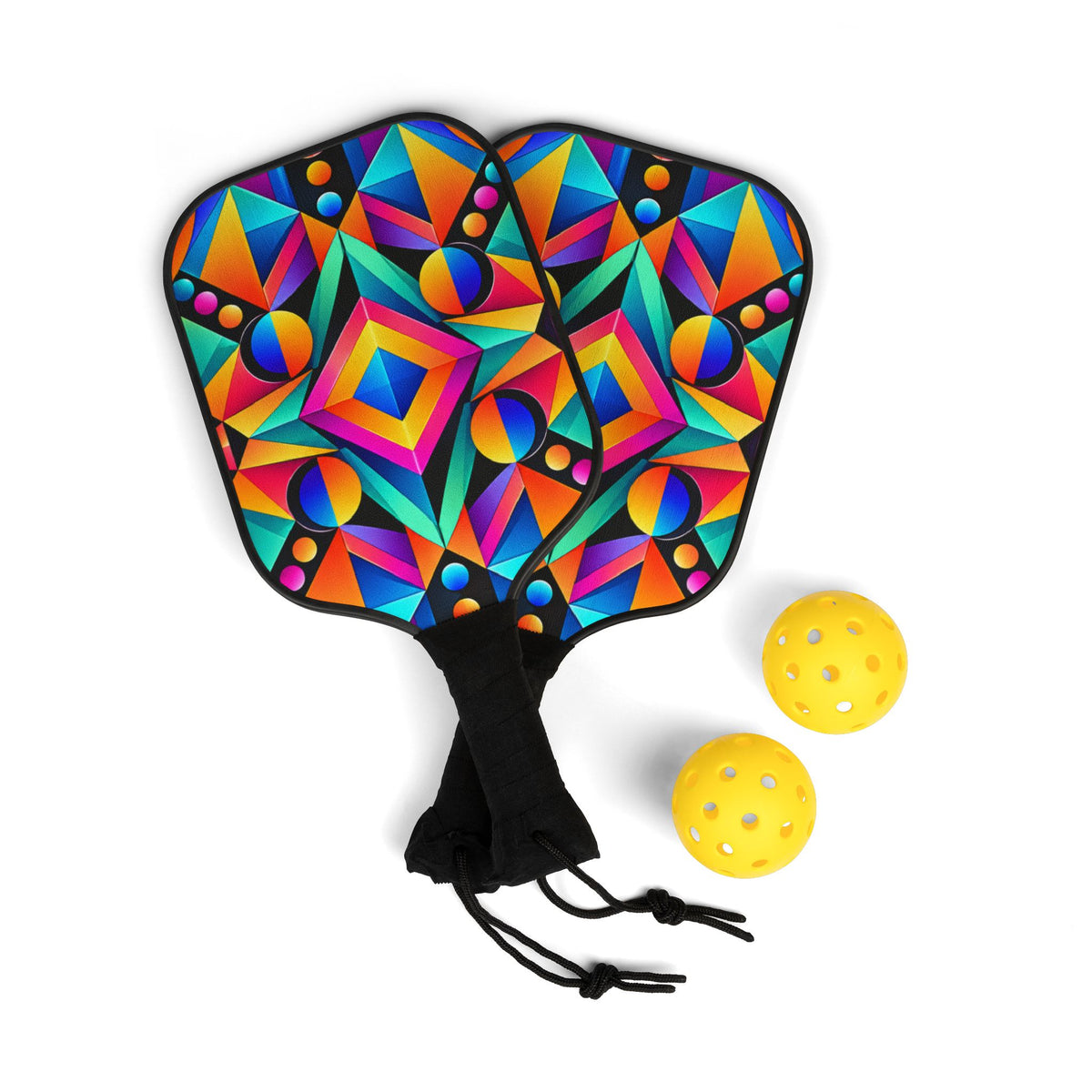 Pickleball Paddle Set — Colorful Geometric Neon Design Pickleball Kit (2 Paddles + 2 Balls)