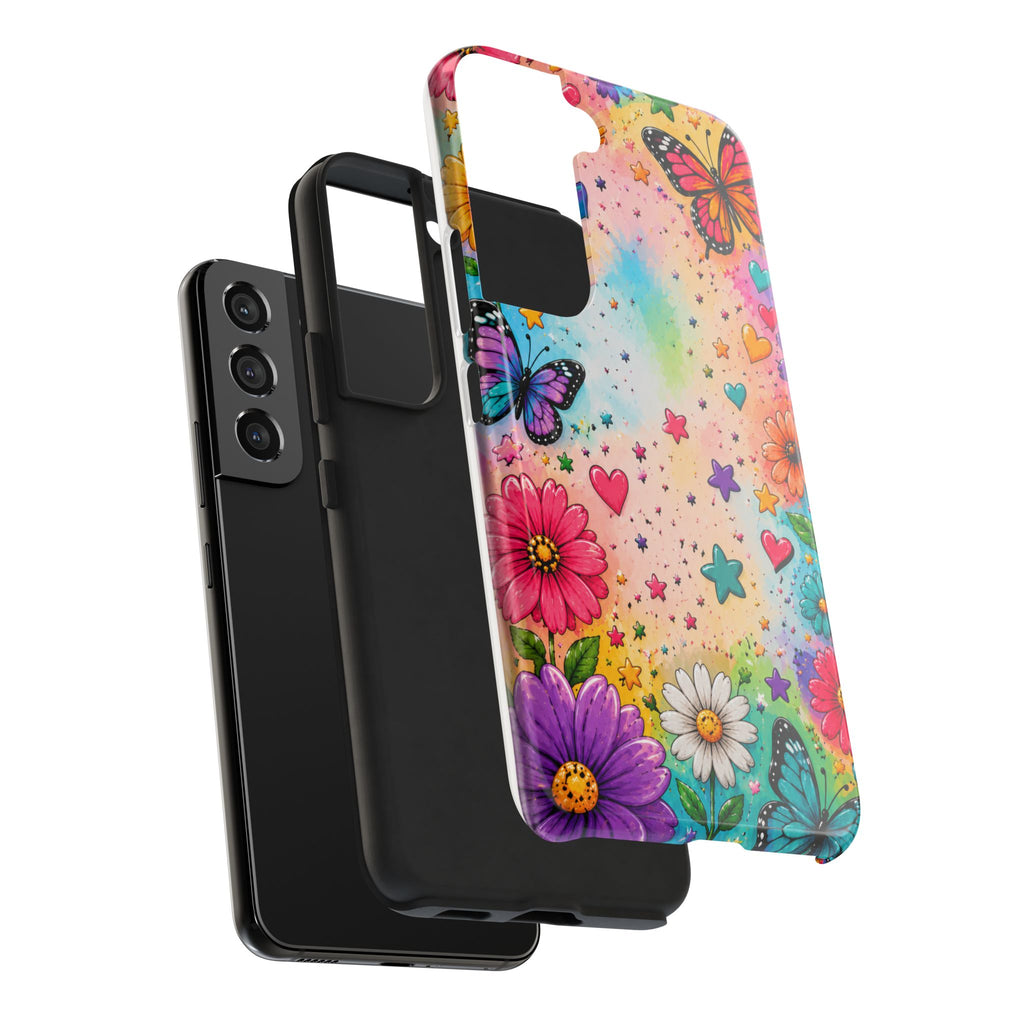 Colorful Butterflies and Flowers Tough Phone Case | Rainbow Hearts Stars