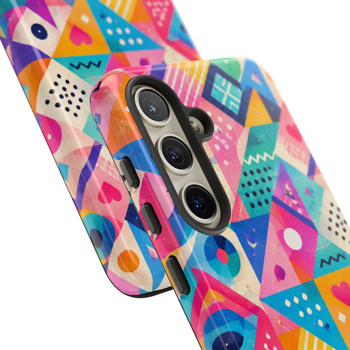 Colorful Geometric Tough Phone Case — Bright Abstract Heart & Triangle Pattern