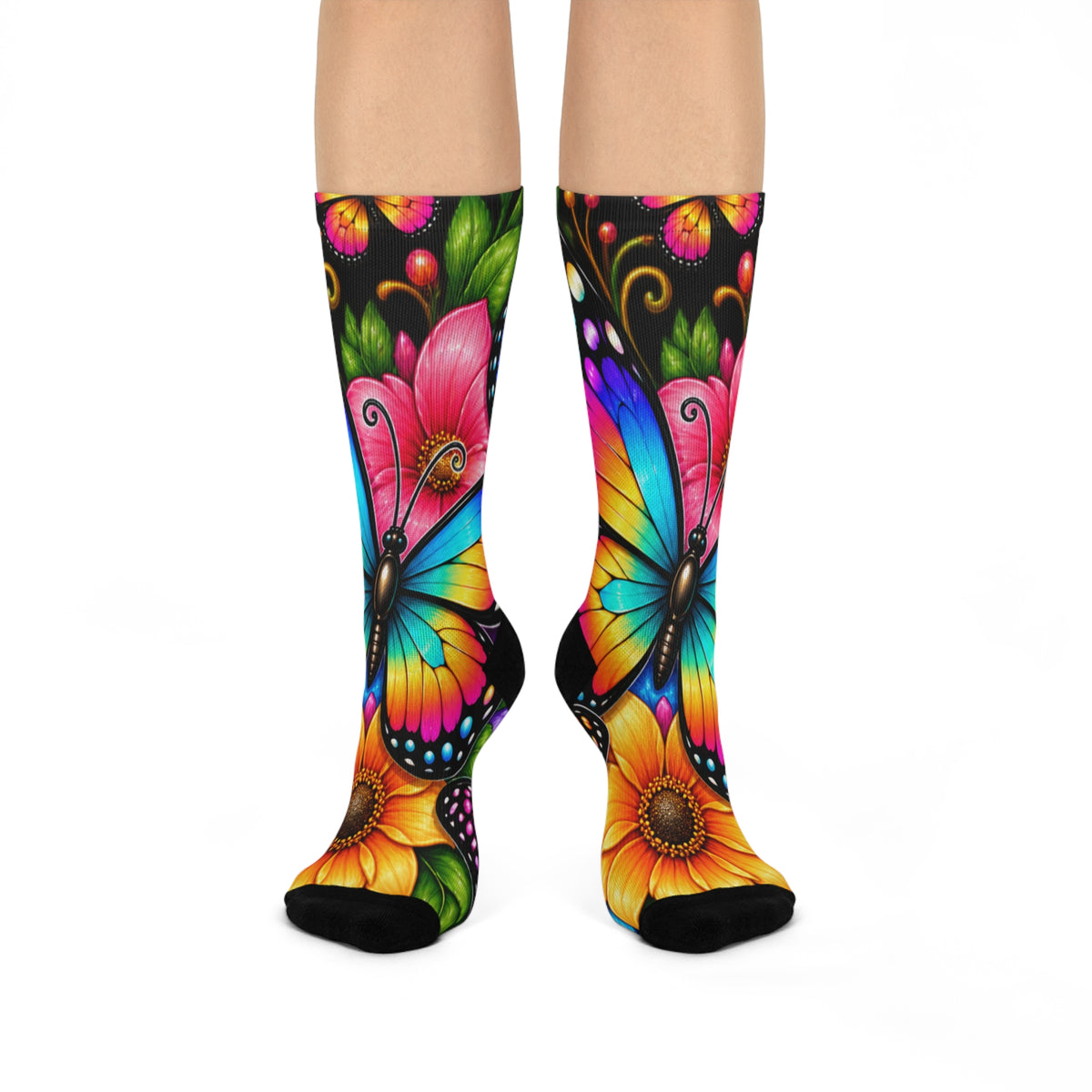 Colorful Butterfly Floral Crew Socks — Vibrant Rainbow Butterflies on Black